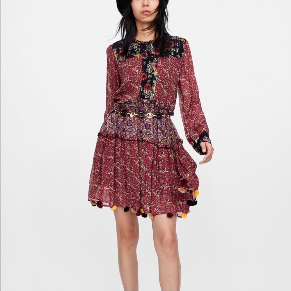 ZARA WOMAN BOHO HIPPIE DRESS PATCHWORK POMPON FLOWING DRESS S.